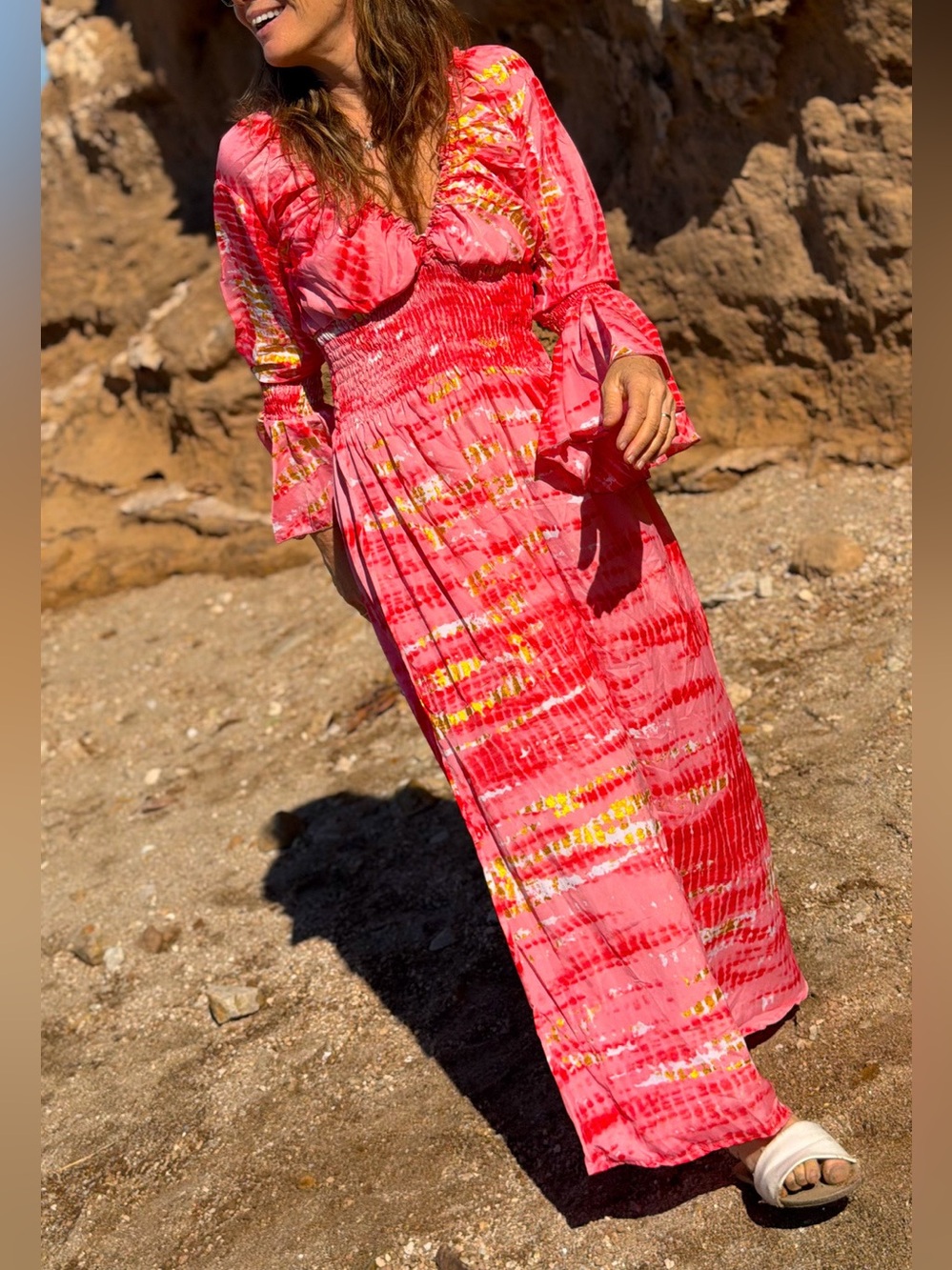 Women’s Silk Tie Dye Maxi Dress Pink Gold Boho Smocked Waist Bell Sleeve M